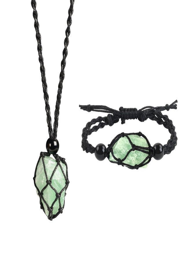 Anjiucc Handmade Natural Gemstone Crystal Pendant Necklace and Bracelet Set Handwoven Necklace, Adjustable Length (Green Fluorite Set) - Image 1